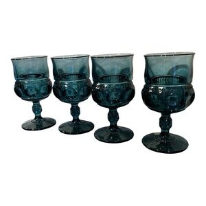Vintage INDIANA GLASS Kings Crown Thumbprint Teal‎ Goblet Glasses  Set of 4